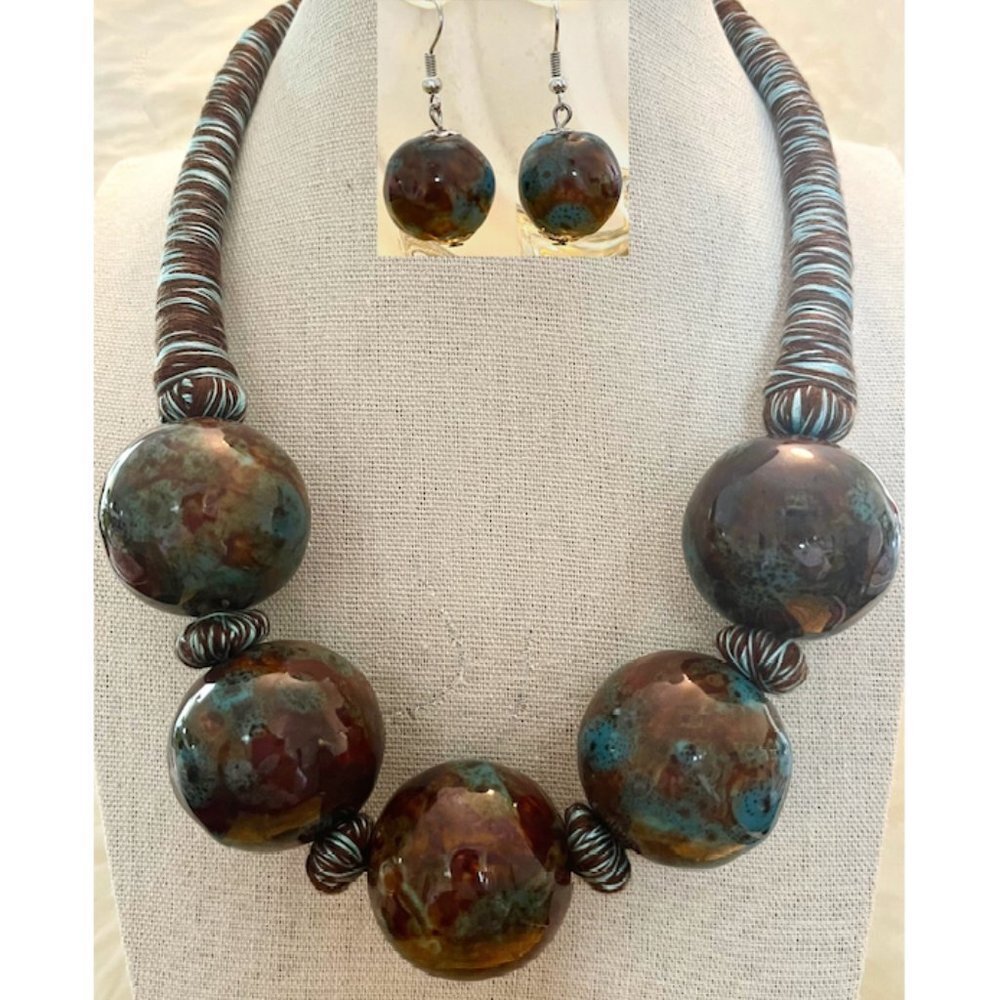 Turquoise & Brown Ceramic Fibre Handmade Necklace Choker Earrings Set 18" NWOT